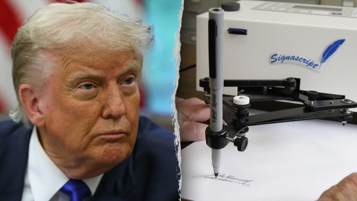 Donald Trump closeup shot, left; autopen machine, right