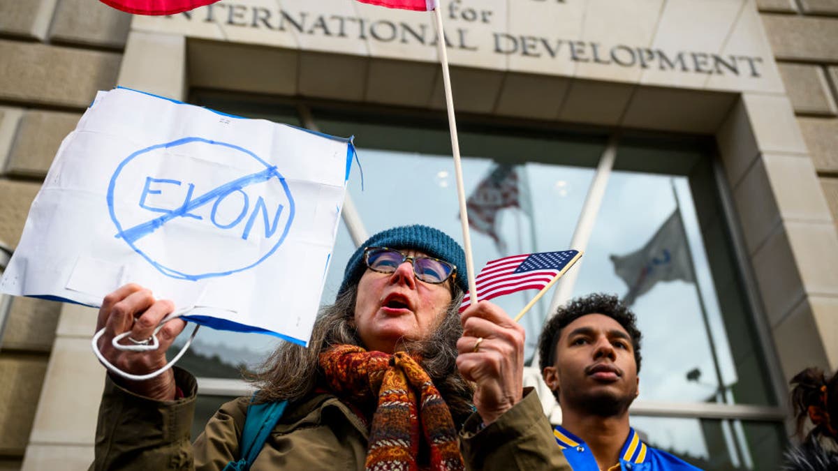 Susan Schorr holds an anti-Elon Musk sign and an American flag in protest in front of the headquarters of the United States Agency for International Development on Feb. 3, 2025 in Washington, D.C.