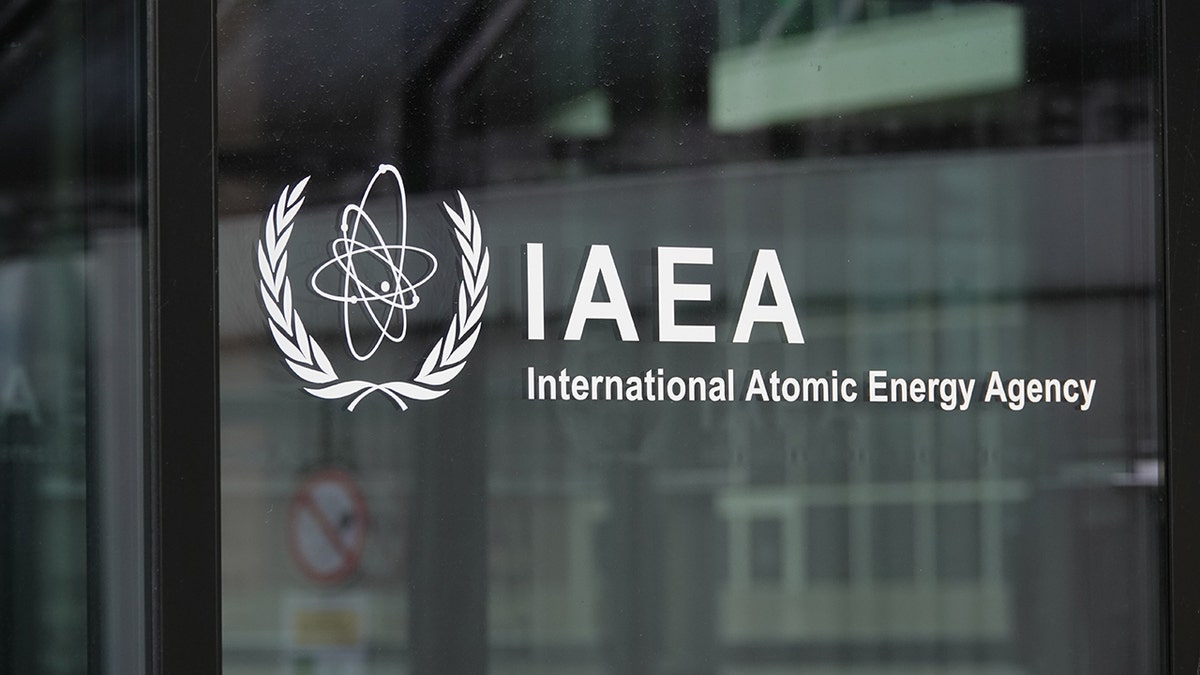 This photo taken on May 15, 2023, shows the logo of the International Atomic Energy Agency IAEA at the IAEA headquarters in Vienna, Austria. 