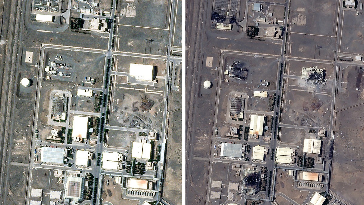 Side by side of Natanz nuclear site before and after airstrike damage on Natanz nuclear facility