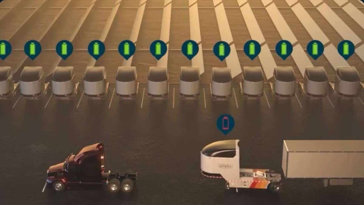 Illustration of how the Revoy dolly connects to the truck's fifth-wheel hitch.