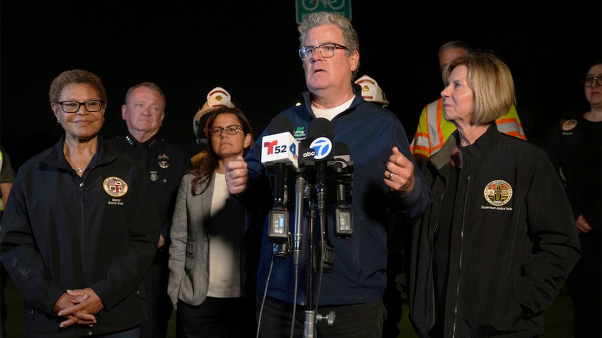From left, Los Angeles Mayor Karen Bass, left, LAPD Chief Jim McDonnell, Congresswoman Nanette Barragan Los Angeles Council member Tim McOsker, at microphone