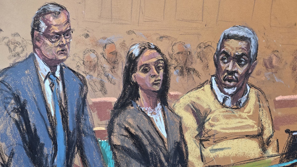 A sketch of P. Diddy and attorneys in court during bail hearing.