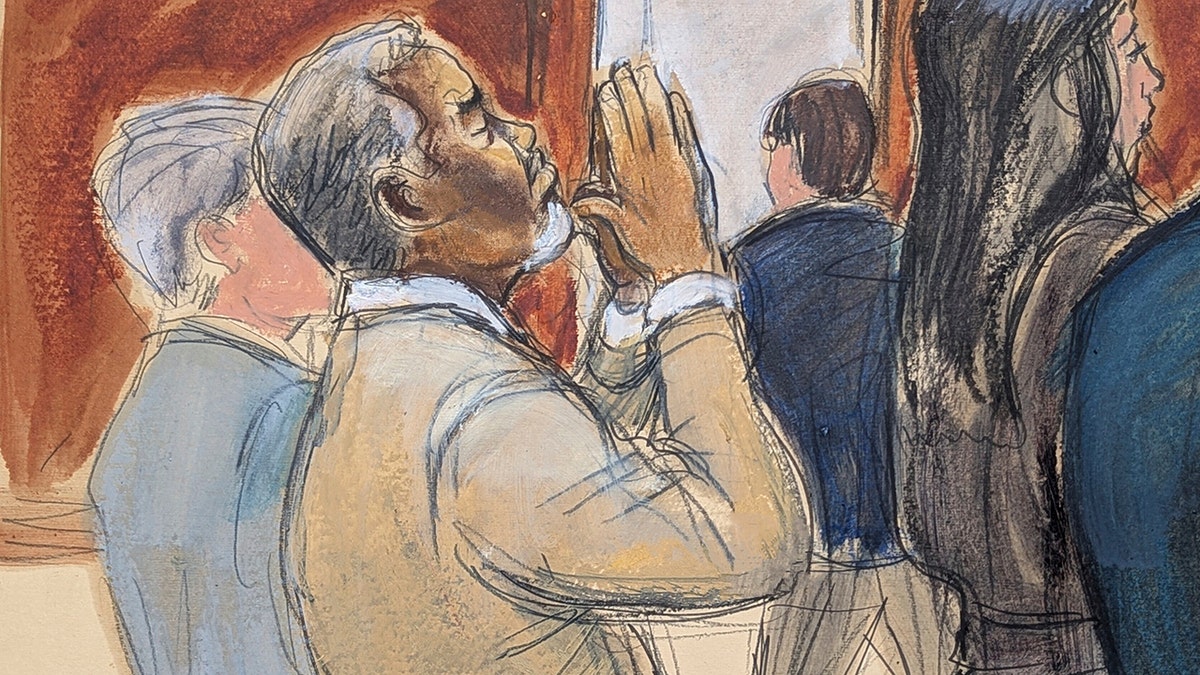 A sketch of P. Diddy praying in court.