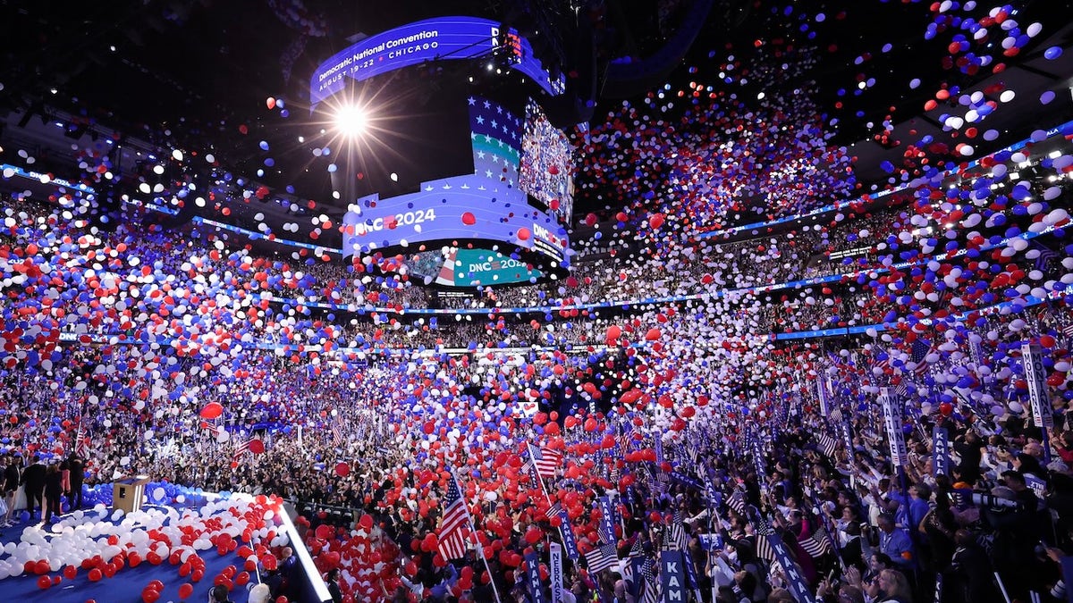 Balloons fall at the DNC in Chicago