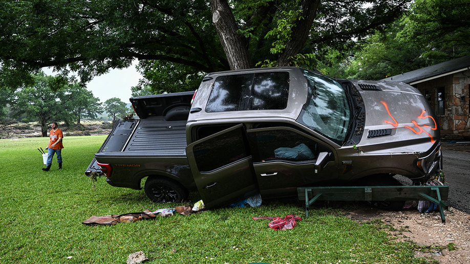 A damaged vehicle at Camp Mystic in Hunt, Texas, on July 5, 2025.