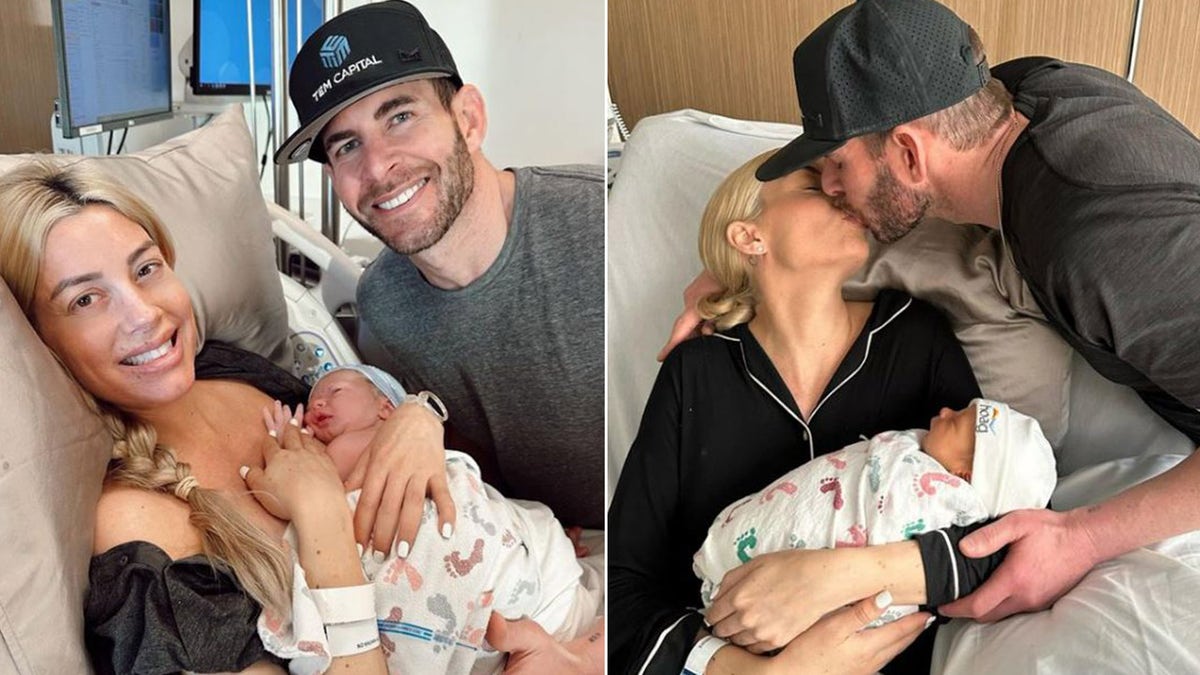 Heather Rae Young cuddles newborn next to husband Tarek El Moussa