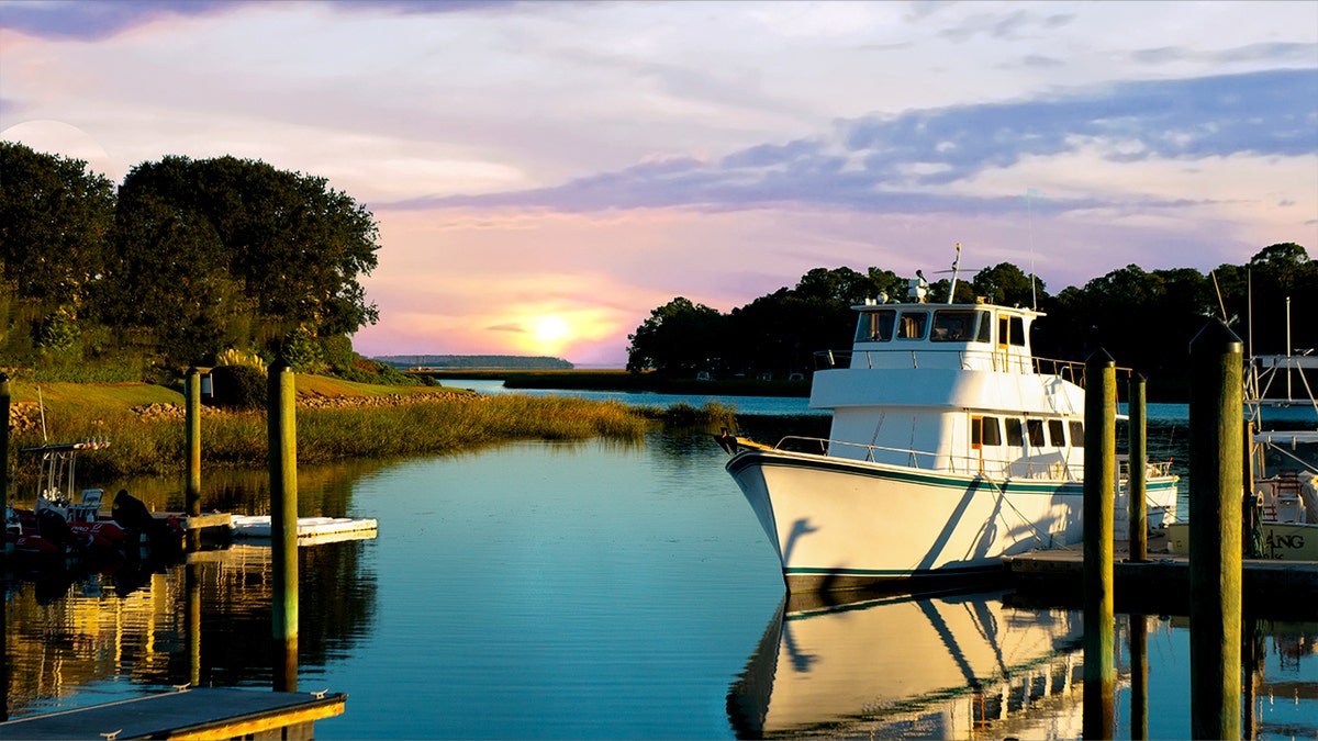 Boat is docked at marina in Hilton Head, South Carolina