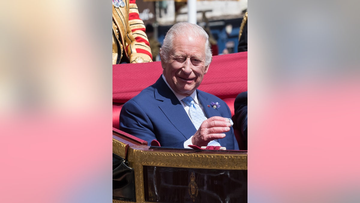 King Charles smiling in a carriage.