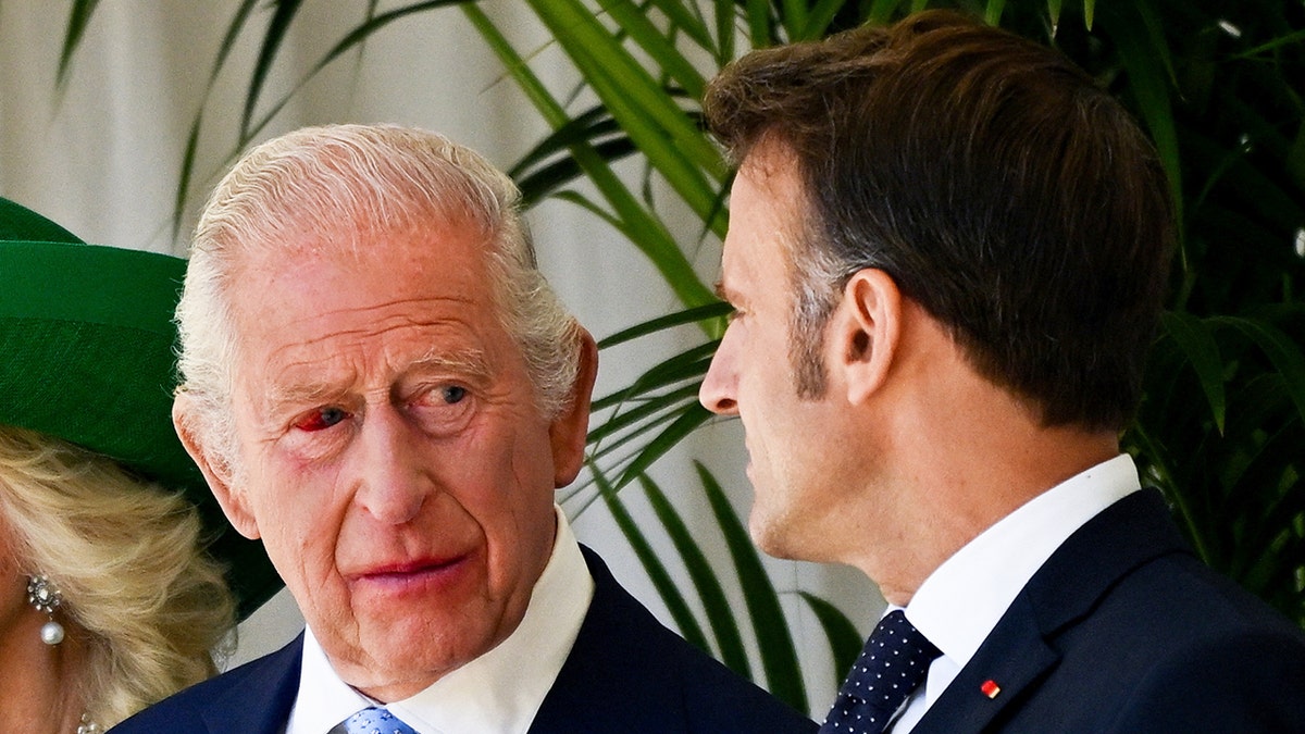 A close-up of King Charles speaking to President Macron.