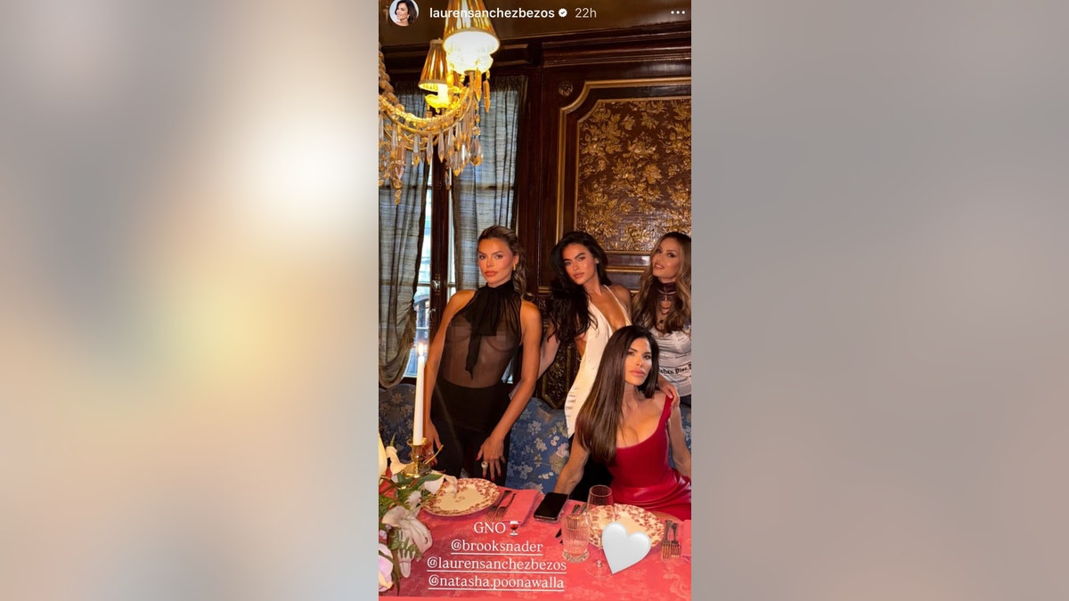 Lauren Sanchez with Brooks Nader and others at dinner in Paris