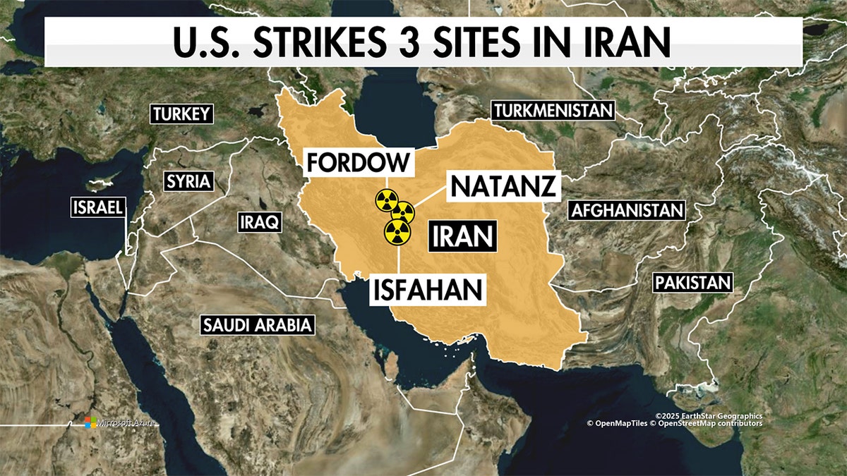 Map of where the U.S. strikes three sites in Iran