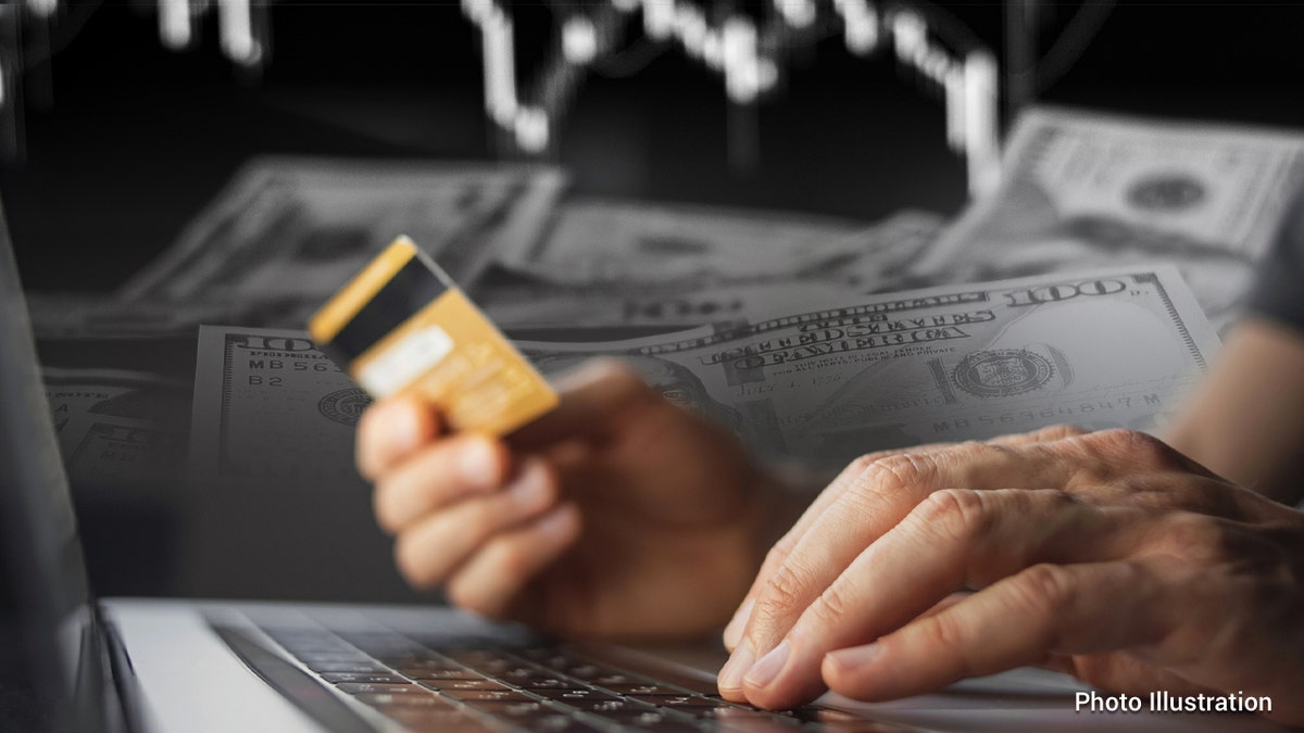 photo illustration of person holding a credit card shopping online