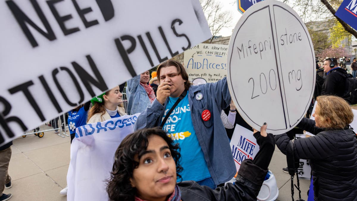 WASHINGTON, DC - MARCH 26: Demonstrators gather in front of the Supreme Court as the court hears oral arguments in the case of the U.S. Food and Drug Administration v. Alliance for Hippocratic Medicine on March 26, 2024 in Washington, DC. The case challenges the 20-plus-year legal authorization by the FDA of mifepristone, a commonly used abortion medication. (Photo by Anna Rose Layden/Getty Images)