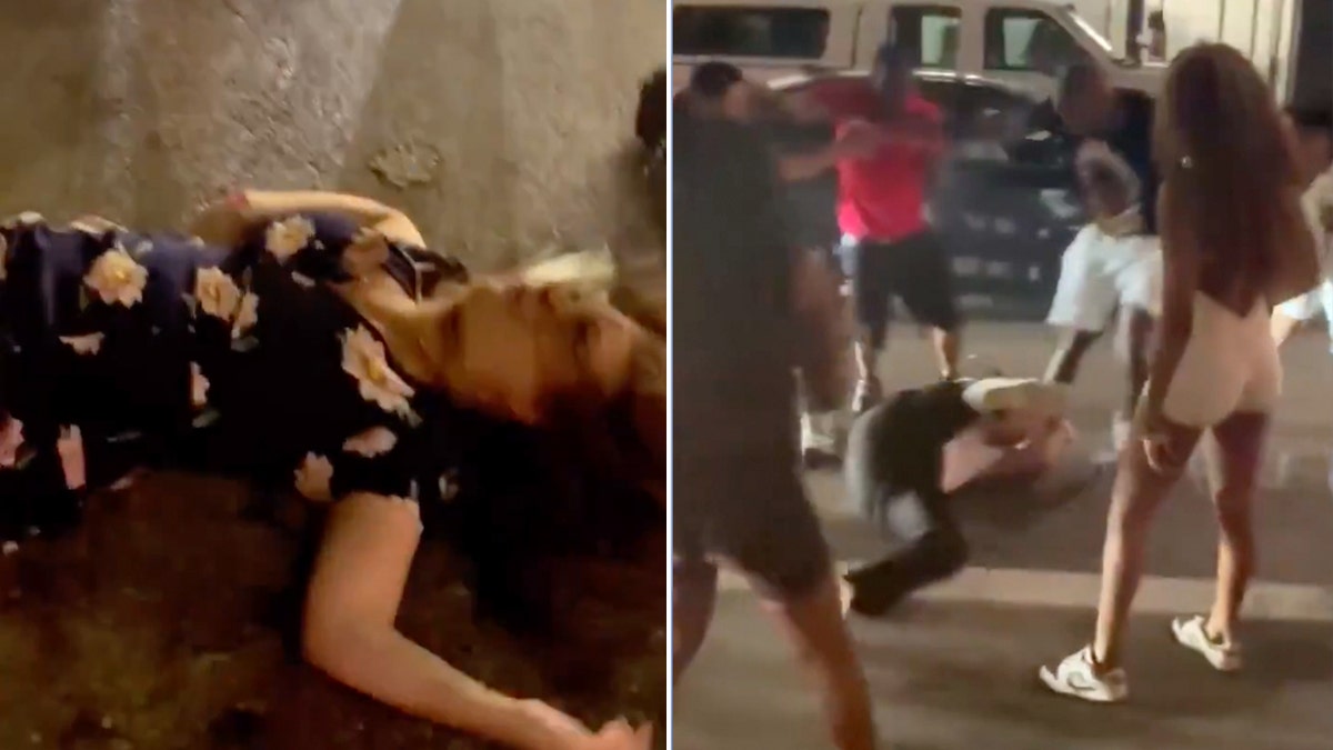 Women on the ground after Cincinnati street beat-down and man on the ground during fight split image