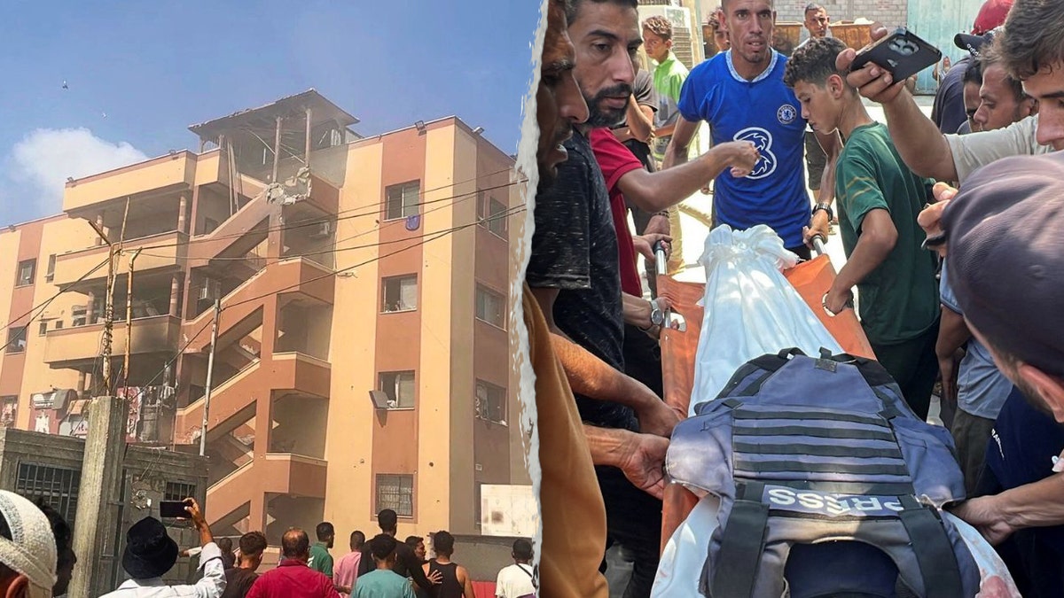 Composite photo shows damage to Nasser Hospital and Palestinians carrying the body of a journalist.