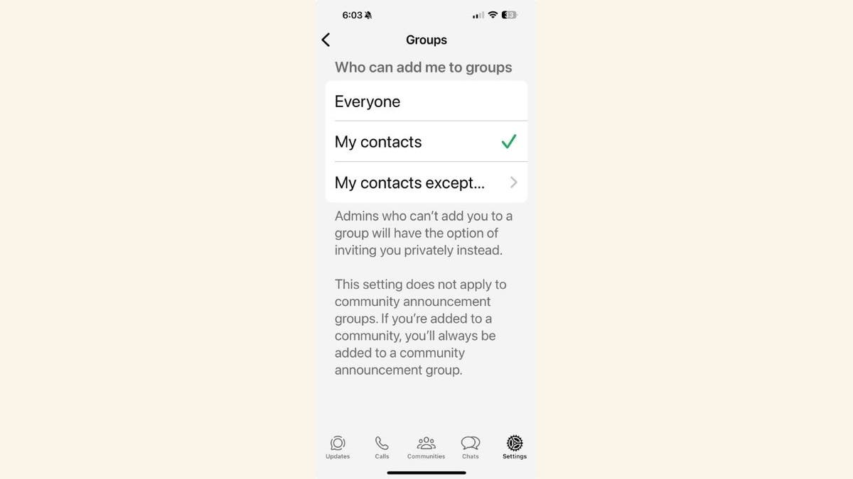 WhatsApp 'Who can add me to groups' setting  (Kurt "CyberGuy" Knutsson)   