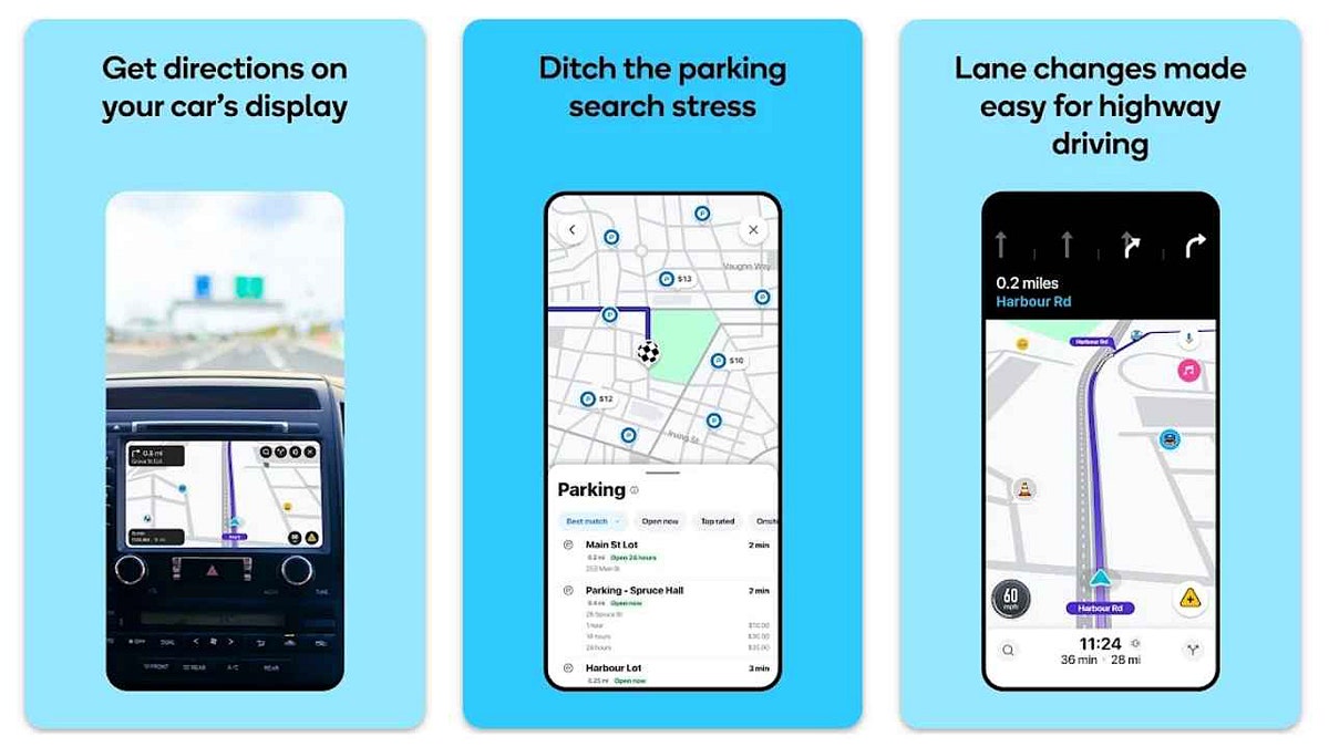 Three views of the Waze app are seen side by side.