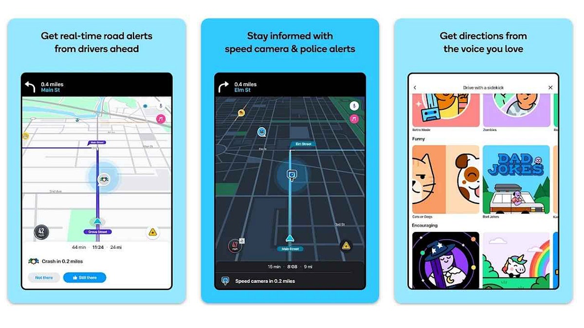 Three views of the Waze app are seen side by side.