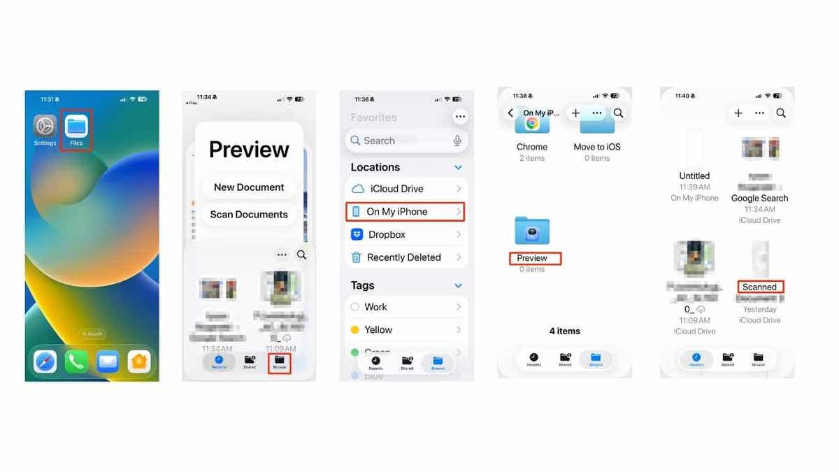 iPhone home screen showing the Files app highlighted, followed by steps inside the Files app to scan and access documents stored locally under 