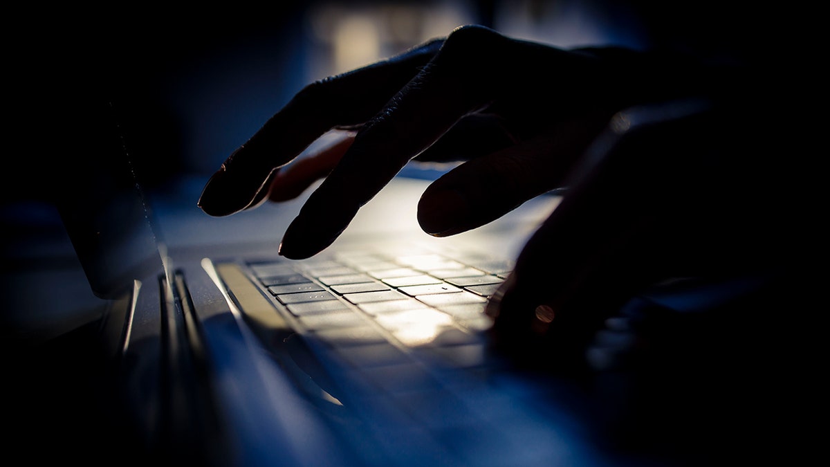 A hacker typing into his laptop.