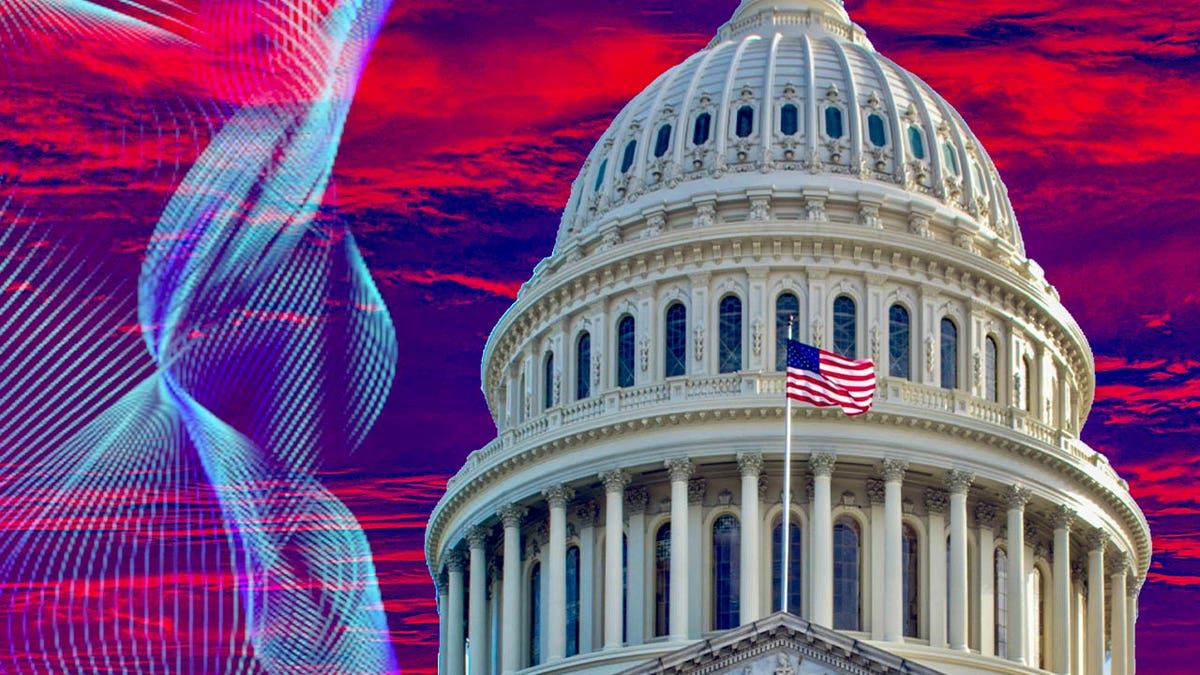The image shows the US capitol and a tech image together