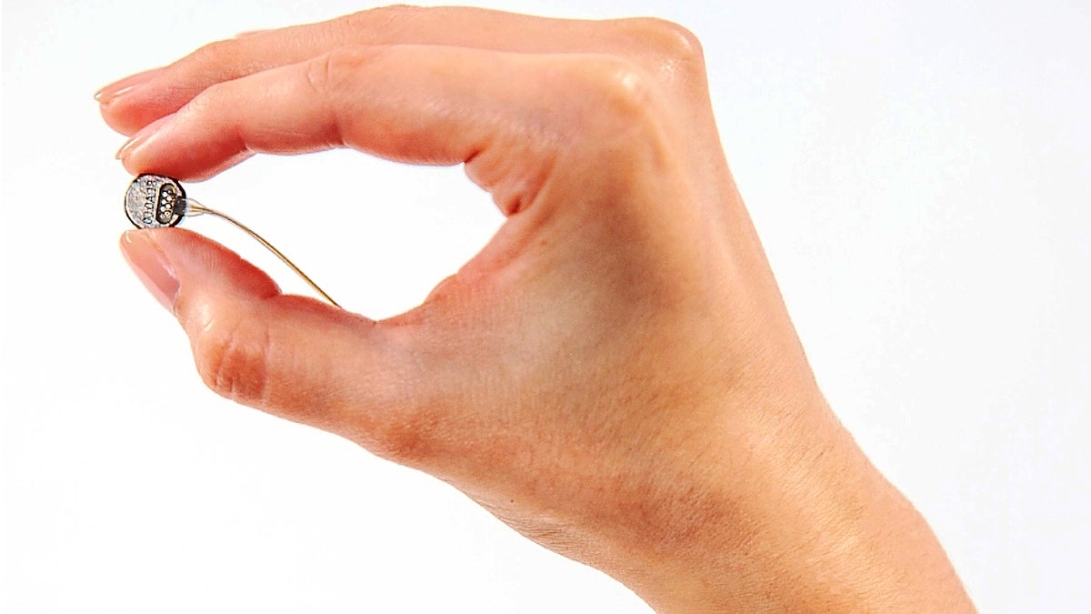 Hand holding brain implant.