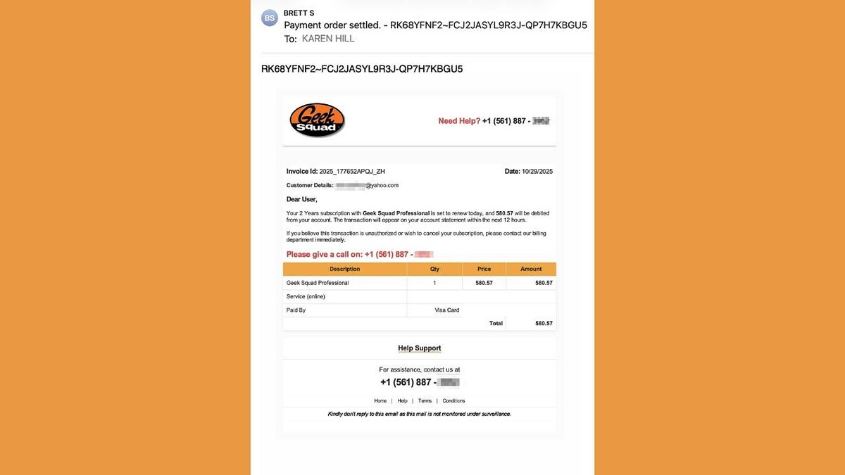 A fake Geek Squad invoice email