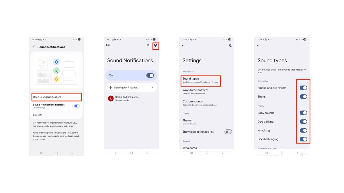 Screens side-by-side displaying how to turn on Sound Notifications