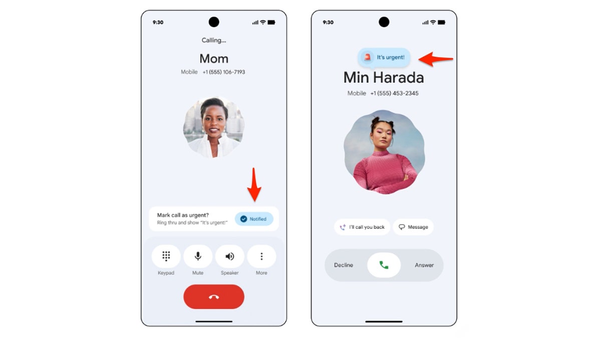A Google phone call with the notify and urgent buttons highlighted