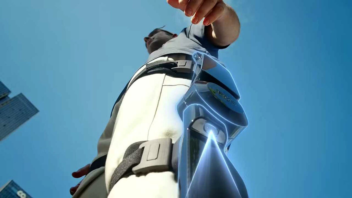 An AI powered exoskeleton with a beam coming out of it