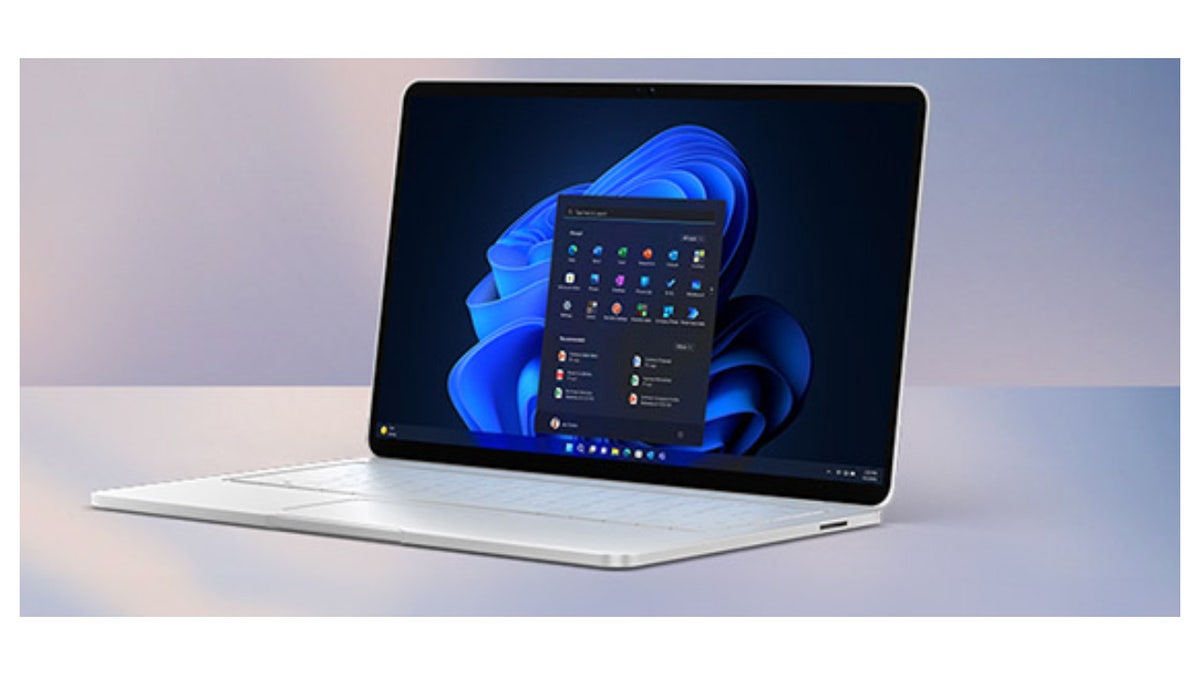 Microsoft computer on table.