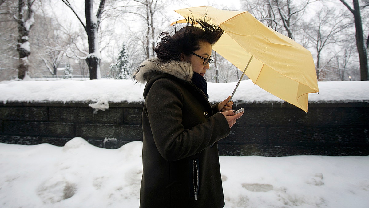 Woman in winter storm in Manhattan