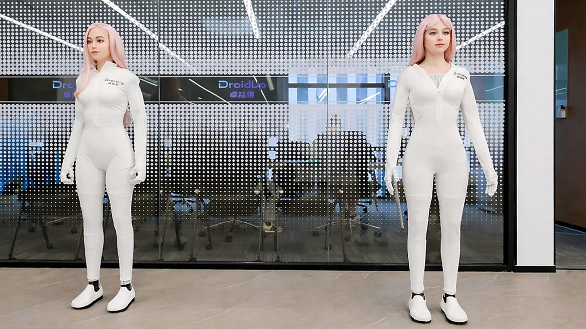 Two human-like robots standing side-by-side.
