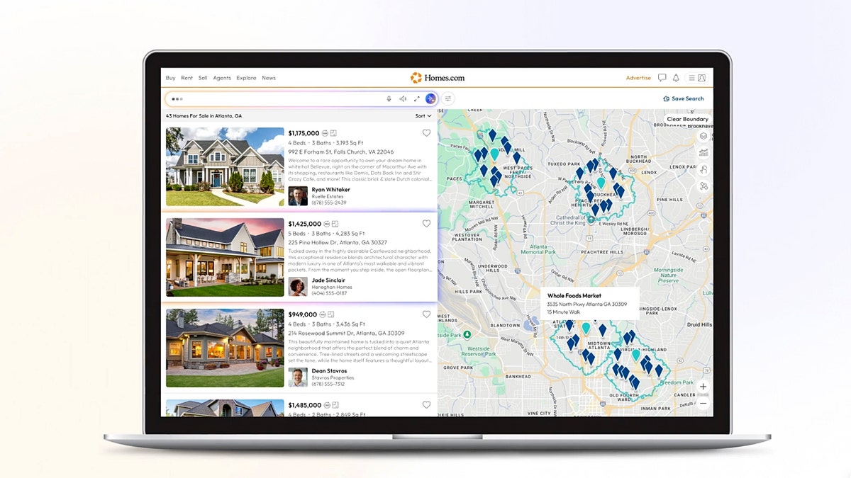 A Homes.com screen with search results for homes