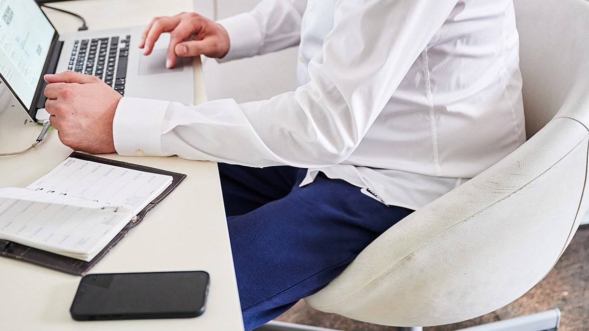 Person sitting at their desk, typing into their computer.