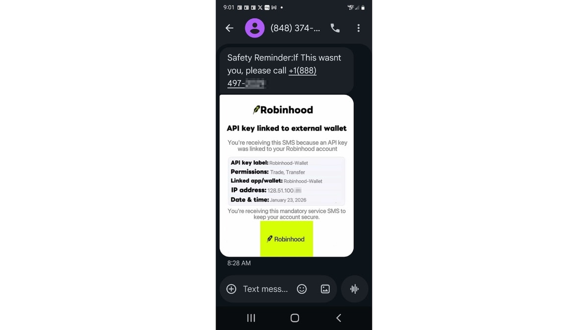 Screenshot of Robinhood phishing scheme