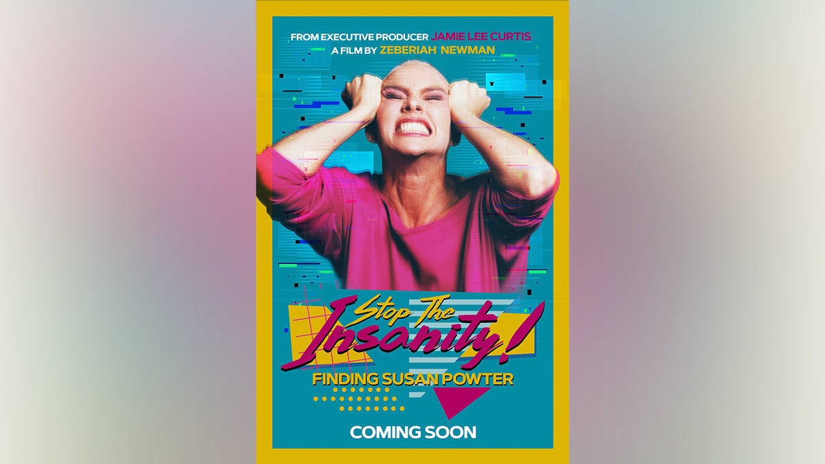 Bright, retro-style poster for Stop the Insanity: Finding Susan Powter showing a woman in a pink top gripping her head and yelling, with colorful graphics and bold text announcing the film’s title and release.