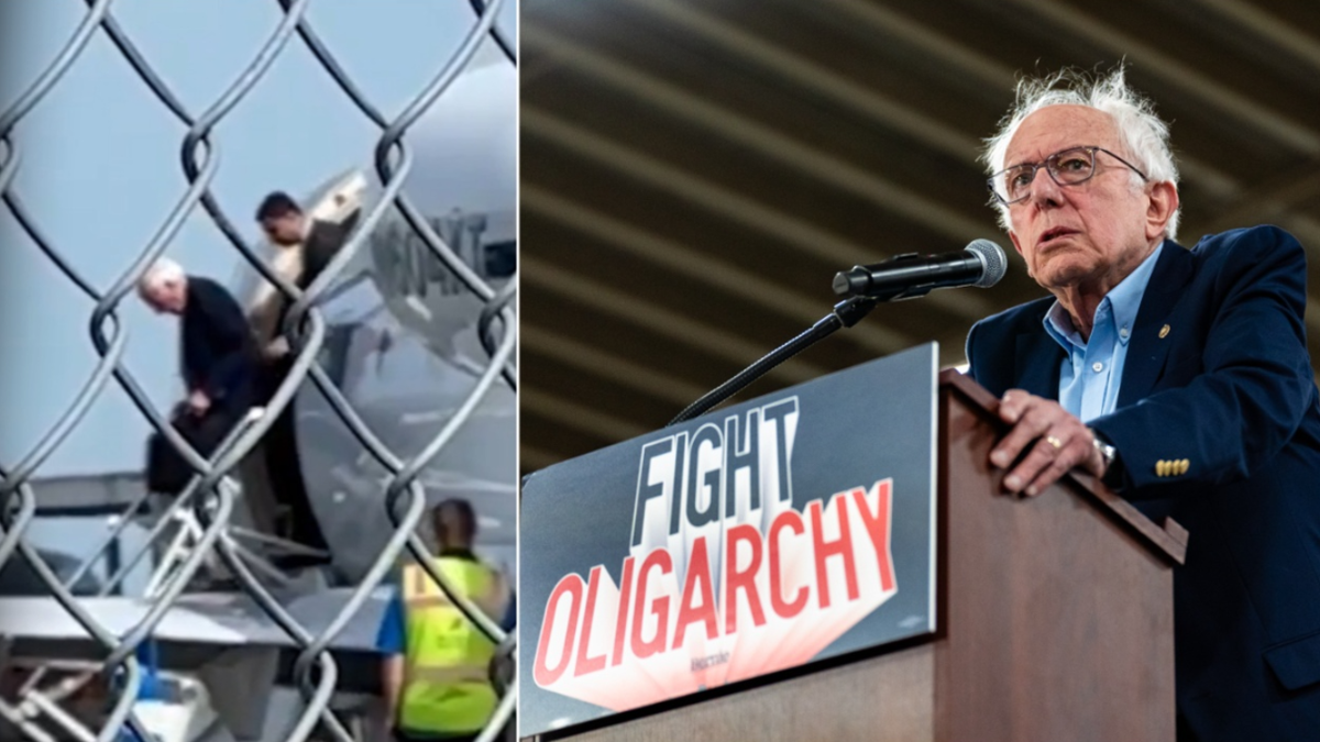 Bernie Sanders deplaning, left; at lectern, right
