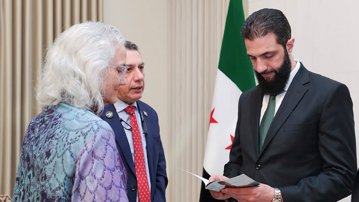 In this photo released by Syrian state news agency SANA, Syria's de facto leader Ahmad al-Sharaa, right, meets with Debra Tice, the mother of American journalist Austin Tice, who went missing in Syria in 2012